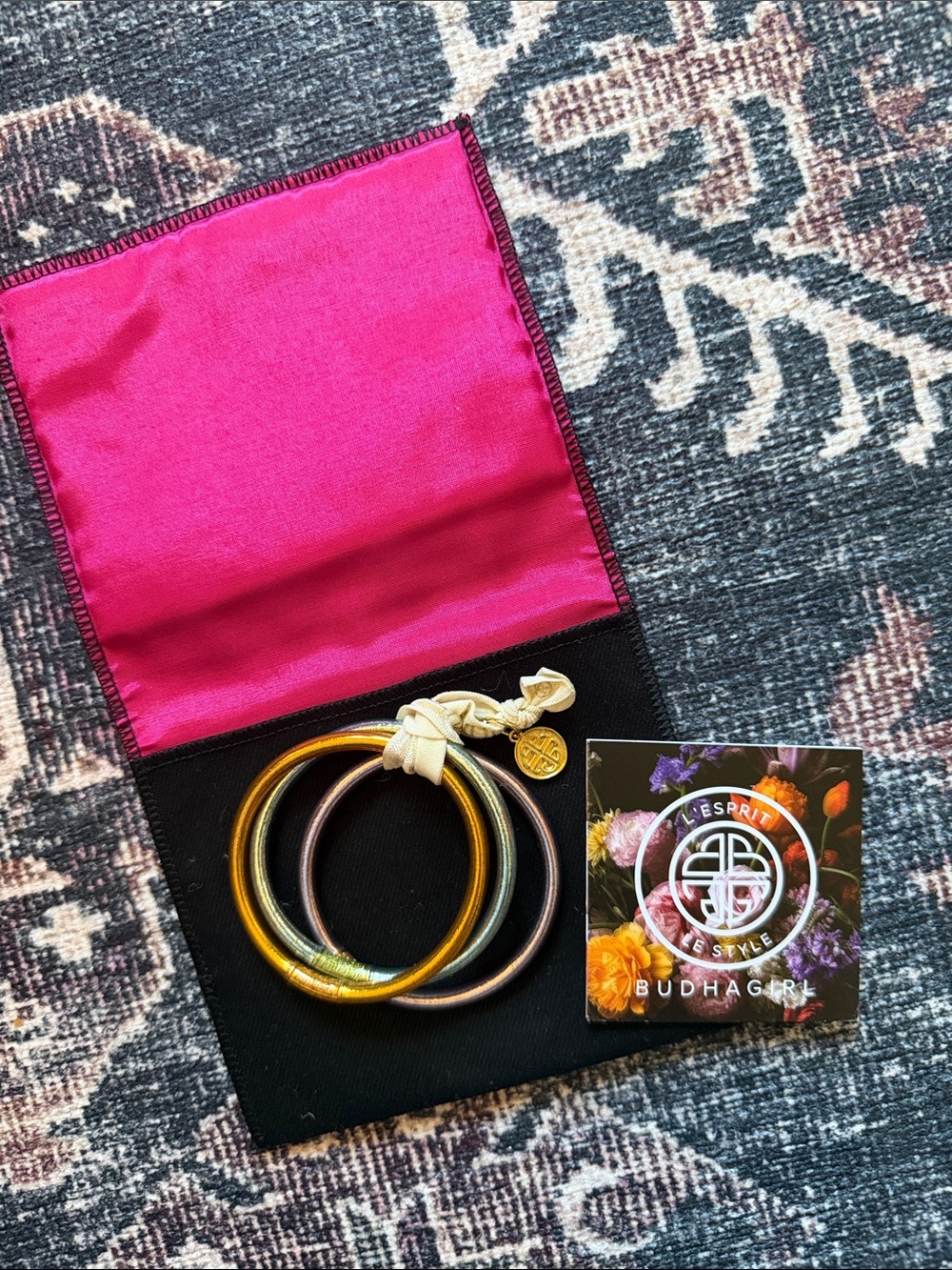 BudhaGirl Metallic Multi-Tone Bangle Set — Pink/Gold/Silver set of 3